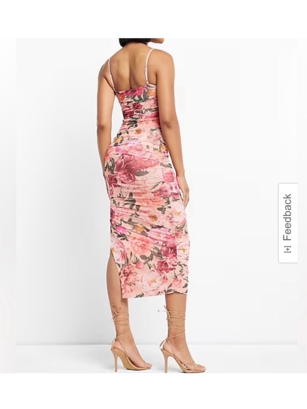 Express Pink Floral Ruched Midi Dress